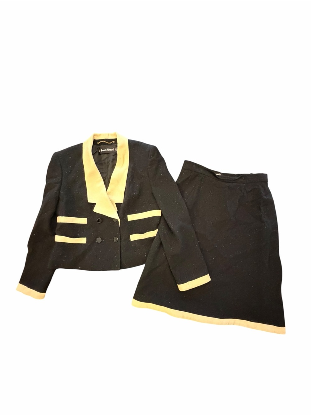 Louis Feraud Virgin Wool Blazer Mini Skirt Set Beaded Size 12 Formal Preppy VTG